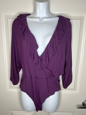 Rachel Zoe Women's Faux Wrap Ruffle Neckline Bodysuit Faded Plum NEW ~ Size L